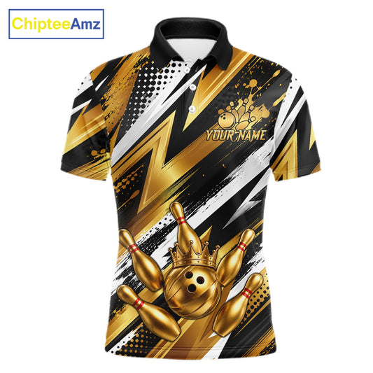 Custom Black And Gold Bowling Jersey For Men, Crown Bowling Team Shirts Polo & Quarter Zip Shirts TDM6570