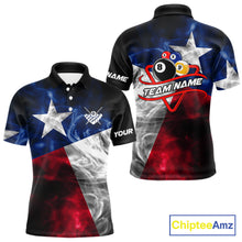 Load image into Gallery viewer, Custom Texas flag billiard polo shirt with 3D smoke design and pool triangle rack logo.