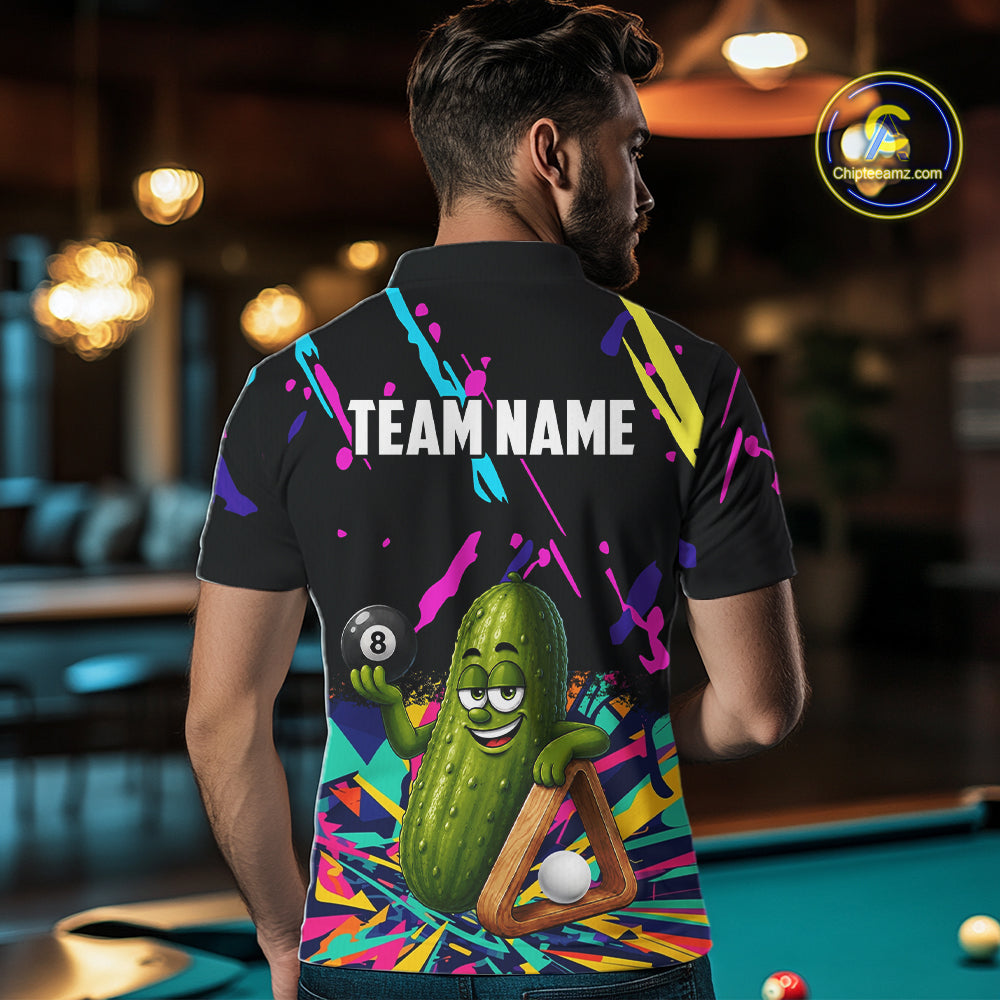 Back view of man wearing a colorful pickle 8 ball pool shirt in a billiards hall.
