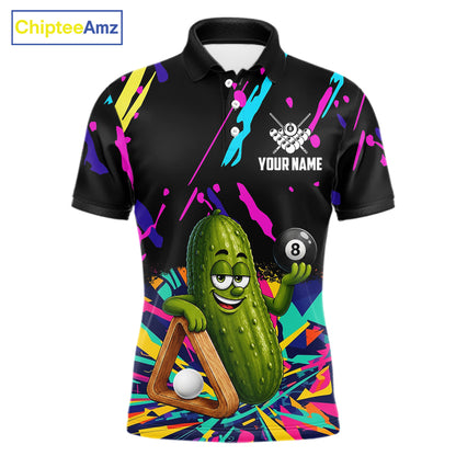 Colorful pickle 8 ball billiard polo shirt for men with custom pool team graphics.