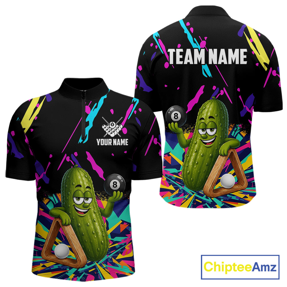 Colorful pickle 8 ball billiard quarter zip shirt for men designed for league tournaments and team events.
