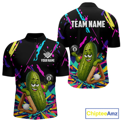 Colorful pickle 8 ball billiard quarter zip shirt for men designed for league tournaments and team events.