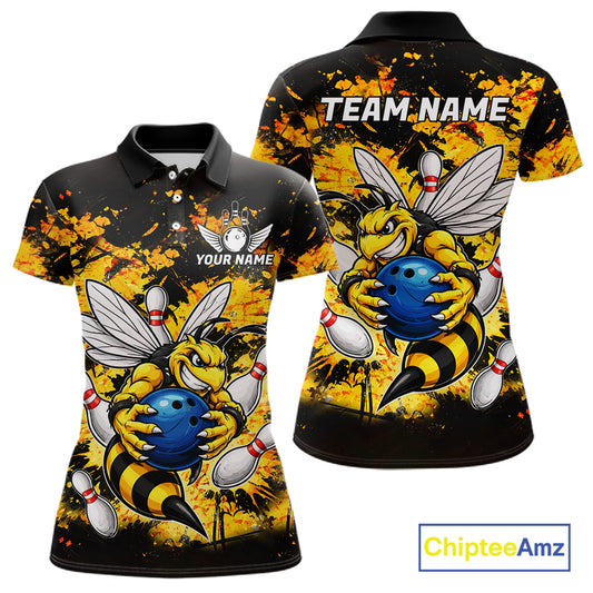 Funny Bee Custom Grunge Yellow Black Bowling Shirt For Women, Bowling Team Jersey Polo & 1/4 Zip TDM6162