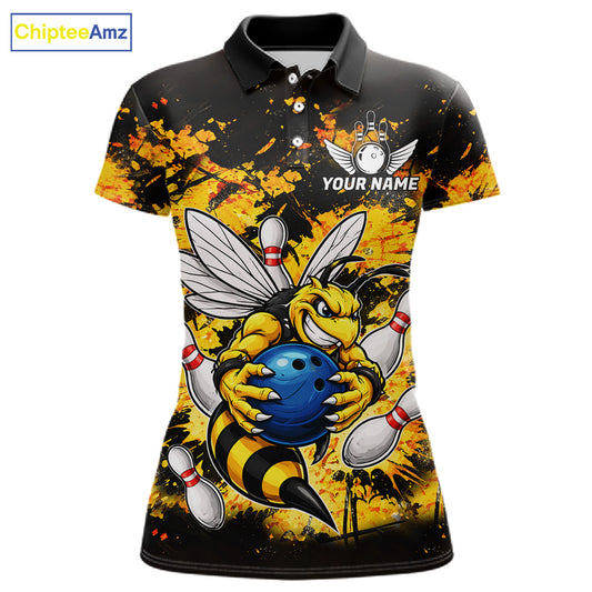 Funny Bee Custom Grunge Yellow Black Bowling Shirt For Women, Bowling Team Jersey Polo & 1/4 Zip TDM6162