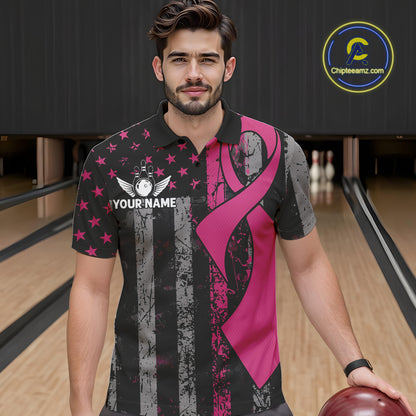 Custom Pink Ribbon Grunge US Flag Patriotic Bowling Shirt For Men, Breast Cancer Bowling Jerseys TDM4853