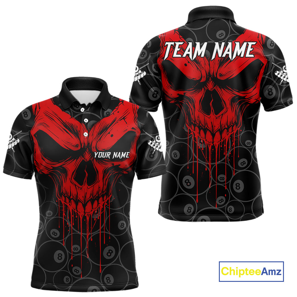 Personalized Skull 8 Ball Billiard Shirt For Men Custom Pool Team Jersey Polo & 1/4 Zip |Red TDM5069