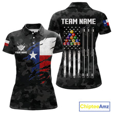 Load image into Gallery viewer, Personalized Texas &amp; American Flag Camo Billiard Shirt For Women Custom Patriotic Pool Team Jersey TDM5543