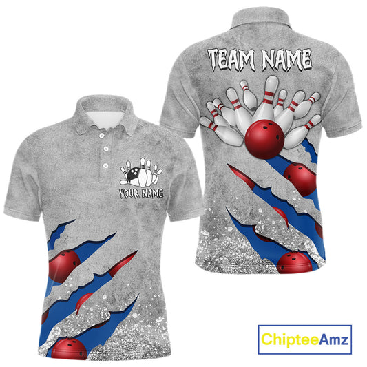 Blue grunge scratch custom bowling polo shirt for men, personalized bowling team jersey for league tournaments.