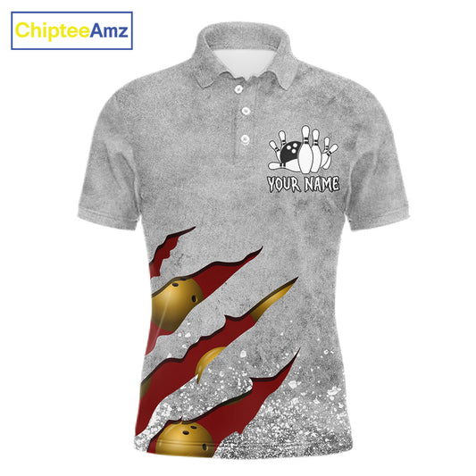 Red grunge scratch bowling team polo shirt for men with custom league and tournament graphics.