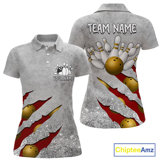 Red grunge scratch custom bowling polo shirt for women, personalized bowling team jersey for league tournaments.