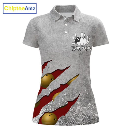 Red grunge scratch bowling team polo shirt for women with custom league and tournament graphics.