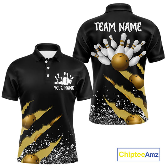 Yellow black grunge scratch custom bowling polo shirt for men, personalized bowling team jersey for league tournaments.