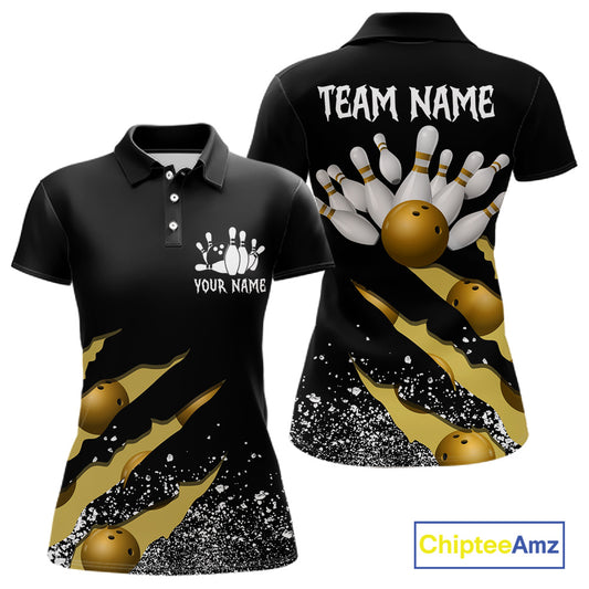 Yellow black grunge scratch custom bowling polo shirt for women, personalized bowling team jersey for league tournaments.