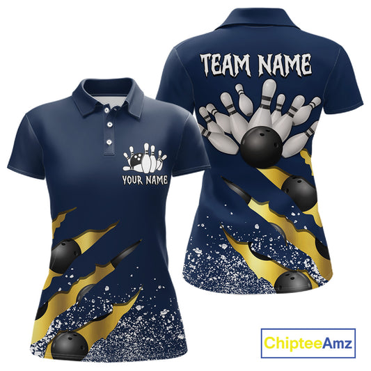 Navy blue and gold grunge scratch custom bowling polo shirt for women, personalized bowling team jersey for league tournaments.