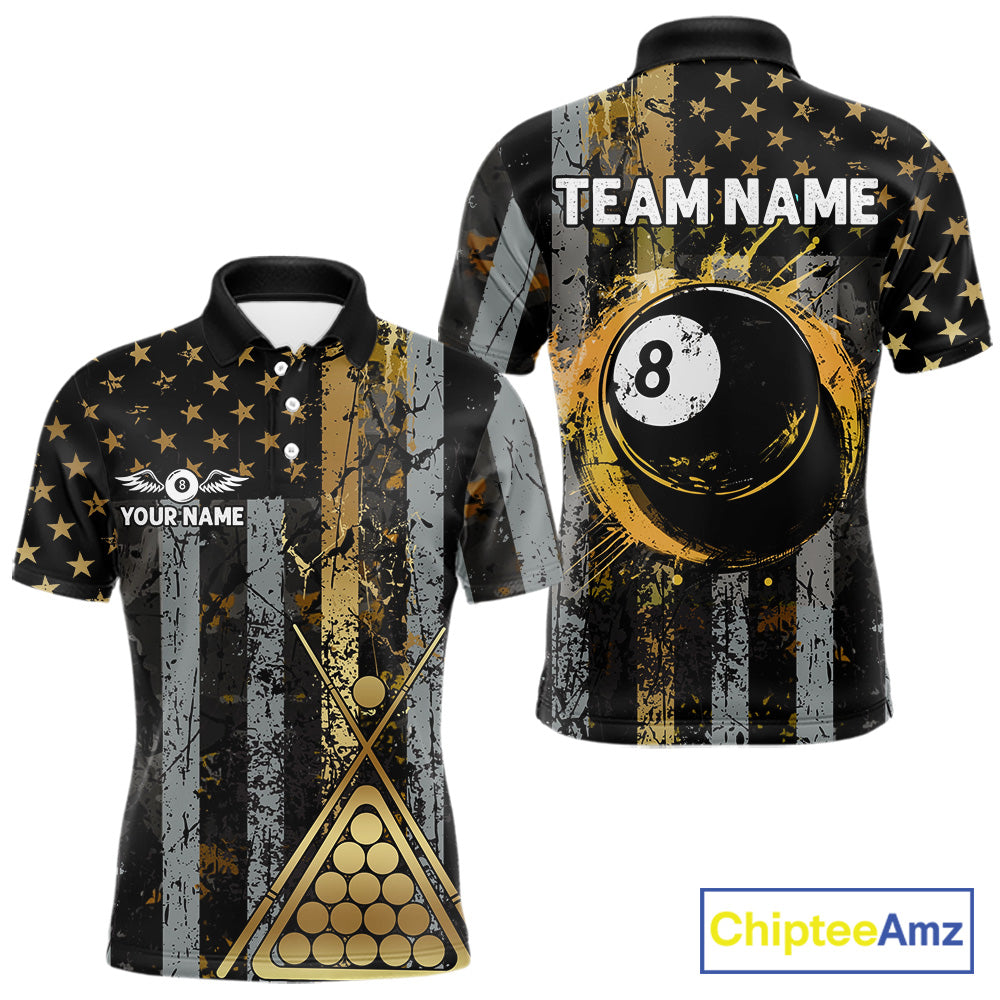 Custom Golden Grunge US Flag Patriotic Men's Billiard Shirt, 8 Ball Pool Jersey Polo & 1/4 Zip TDM6176