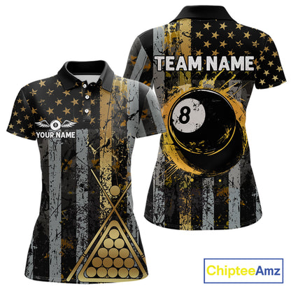 Custom Golden Grunge US Flag Patriotic Women's Billiard Shirt, 8 Ball Pool Jersey Polo & 1/4 Zip TDM6176