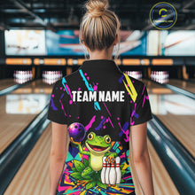 Load image into Gallery viewer, Person wearing a colorful bowling-themed shirt with a frog design in a bowling alley.