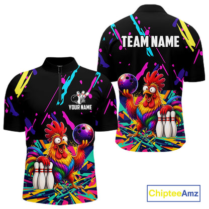 Colorful bowling quarter zip shirt with  chicken design and customizable your name & team name