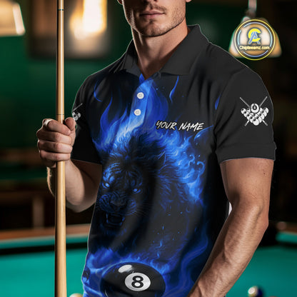 Blue Flaming Lion 8 Ball Billiard Shirts For Men Custom Fire Billiard Team Jersey Polo & 1/4 Zip TDM5306