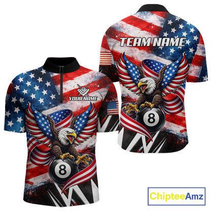 Custom American Flag Eagle Billiard Shirt For Men, Patriotic 8 Ball Pool Team Jersey Polo, 1/4 Zip TDM6181