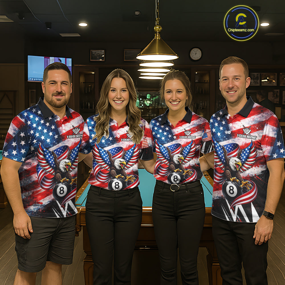 Custom American Flag Eagle Billiard Shirt For Women, Patriotic 8 Ball Pool Team Jersey Polo, 1/4 Zip TDM6181