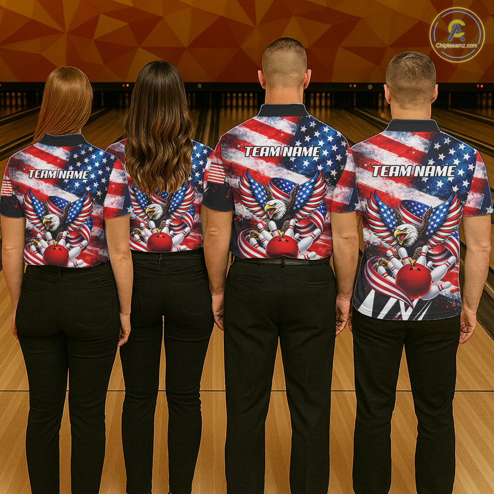 Custom American Flag Eagle Bowling Jersey For Women, Patriotic Bowling Team Shirt Polo & 1/4 Zip TDM6183