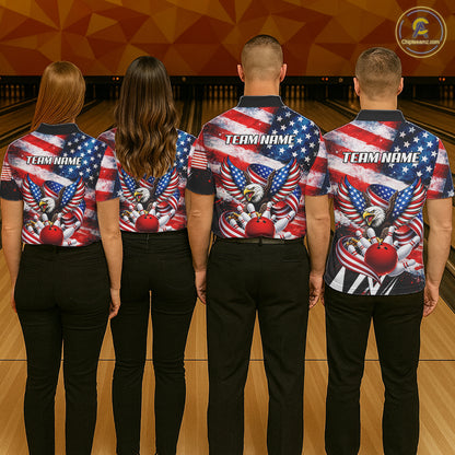 Custom American Flag Eagle Bowling Jersey For Women, Patriotic Bowling Team Shirt Polo & 1/4 Zip TDM6183