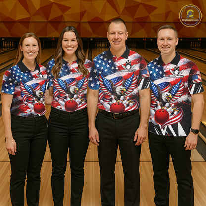 Custom American Flag Eagle Bowling Jersey For Women, Patriotic Bowling Team Shirt Polo & 1/4 Zip TDM6183