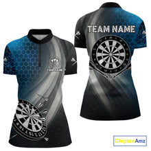 Load image into Gallery viewer, Custom Women's Dart Shirt – Black Blue Hexagon Design Darts Team Jersey | Polo &amp; Quarter Zip Uniform TDM4074