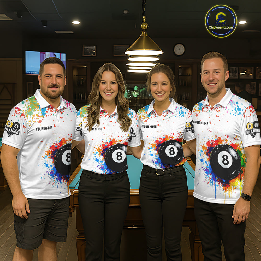 Funny 8 Ball & 9 Ball Colorful Splash Billiard Shirt For Men Custom Billiard Team Jersey |White TDM5581