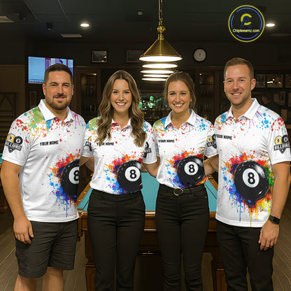 Funny 8 Ball & 9 Ball Colorful Splash Billiard Shirt For Men Custom Billiard Team Jersey |White TDM5581