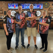 Load image into Gallery viewer, Custom American Flag Smoke Skull Darts Shirt For Men, Patriotic Darts Team Jersey Polo &amp; 1/4 Zip TDM5811