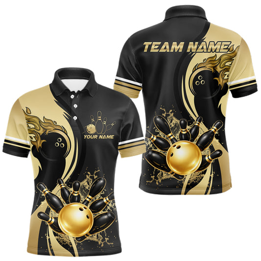 Custom Black And Gold Splatter Bowling Shirt For Men, Bowling League Jerseys Team Polo & 1/4 Zip TDM6417