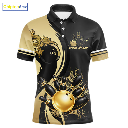 Custom Black And Gold Splatter Bowling Shirt For Men, Bowling League Jerseys Team Polo & 1/4 Zip TDM6417