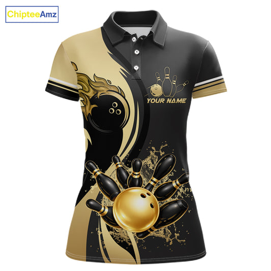 Custom Black And Gold Splatter Bowling Shirt For Women, Bowling League Jerseys Team Polo & 1/4 Zip TDM6417