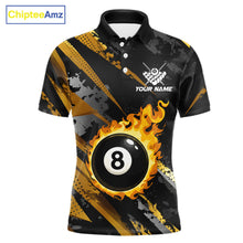 Load image into Gallery viewer, Black and gold billiard polo shirt for men with flaming 8-ball design and customizable team name and player name details.