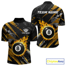 Load image into Gallery viewer, Black and gold billiard quarter zip shirt for men with flaming 8-ball design and customizable team name and player name details.
