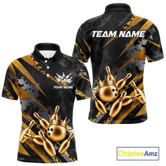 Bowling-themed polo shirt for men with gold bowling pins and crown design on a black background, featuring customizable "Your Name" and "Team Name" text for a personalized look.