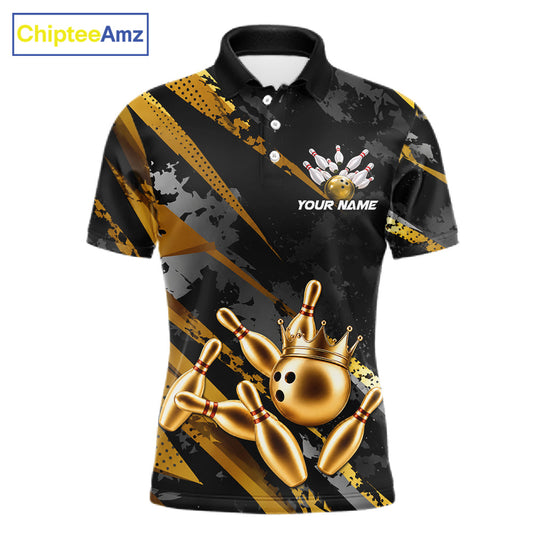 Bowling-themed polo shirt for men with gold bowling pins and crown design on a black background, featuring customizable "Your Name" and "Team Name" text for a personalized look.