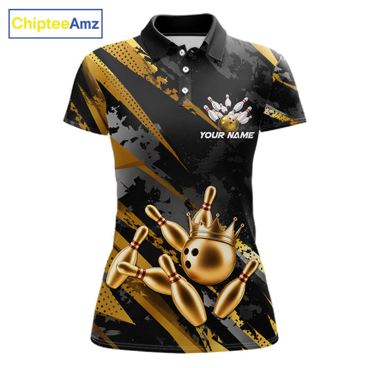Bowling-themed polo shirt for women with gold bowling pins and crown design on a black background, featuring customizable "Your Name" and "Team Name" text for a personalized look.