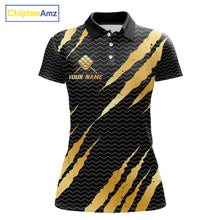 Load image into Gallery viewer, Black and gold billiard polo shirt with 'Team Name' and 'Your Name' text, featuring a crown 9-ball design.