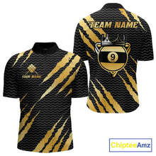 Load image into Gallery viewer, Black and gold billiard quarter zip shirt with 'Team Name' and 'Your Name' text, featuring a crown 9-ball design.