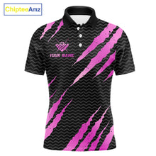 Load image into Gallery viewer, Black and pink billiard polo shirt with 'Team Name' and 'Your Name' text, featuring a 8-ball design.