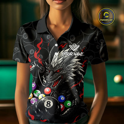 Personalized 8 Ball Dragon Billiard Shirt For Women, Billiard Team Jersey Polo & 1/4 Zip |Red TDM5109