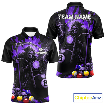 Purple flame grim reaper motorcycle 8 ball pool team polo shirt for men.