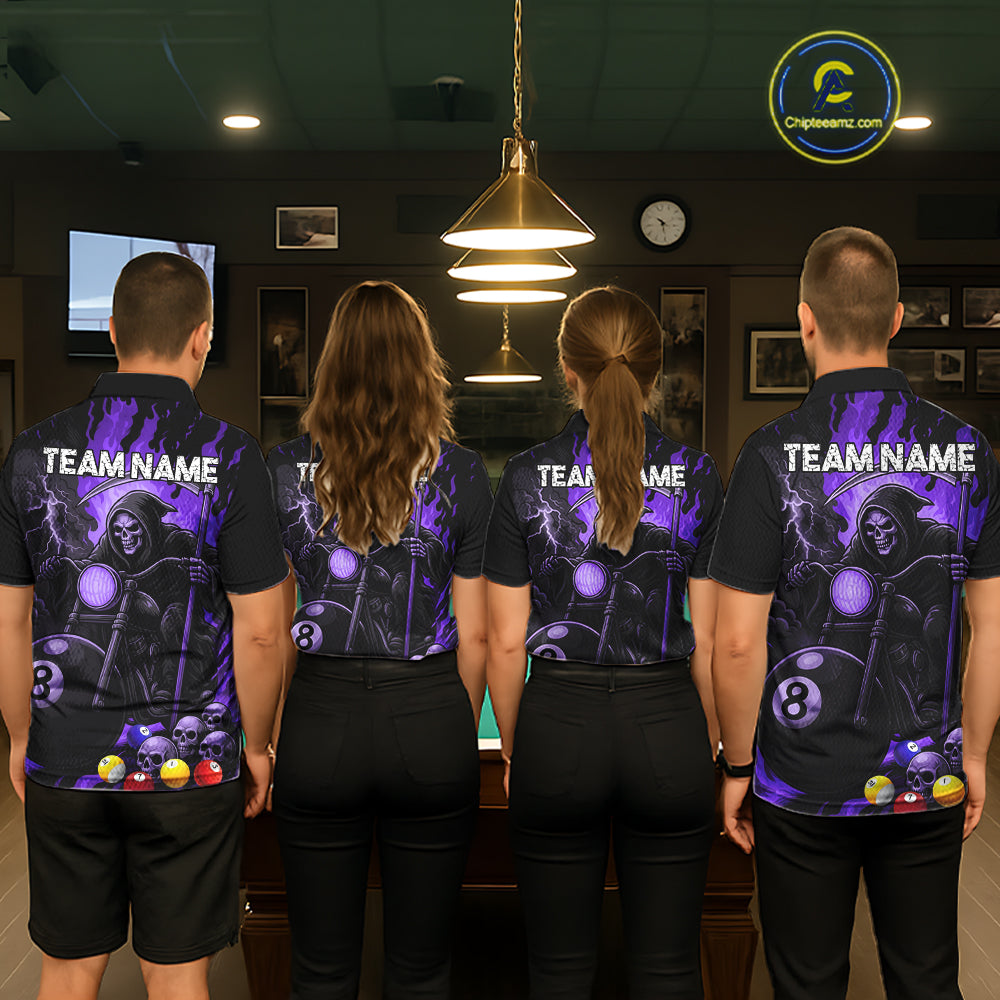 Back view of pool team wearing matching purple flame grim reaper motorcycle 8 ball billiard shirts.