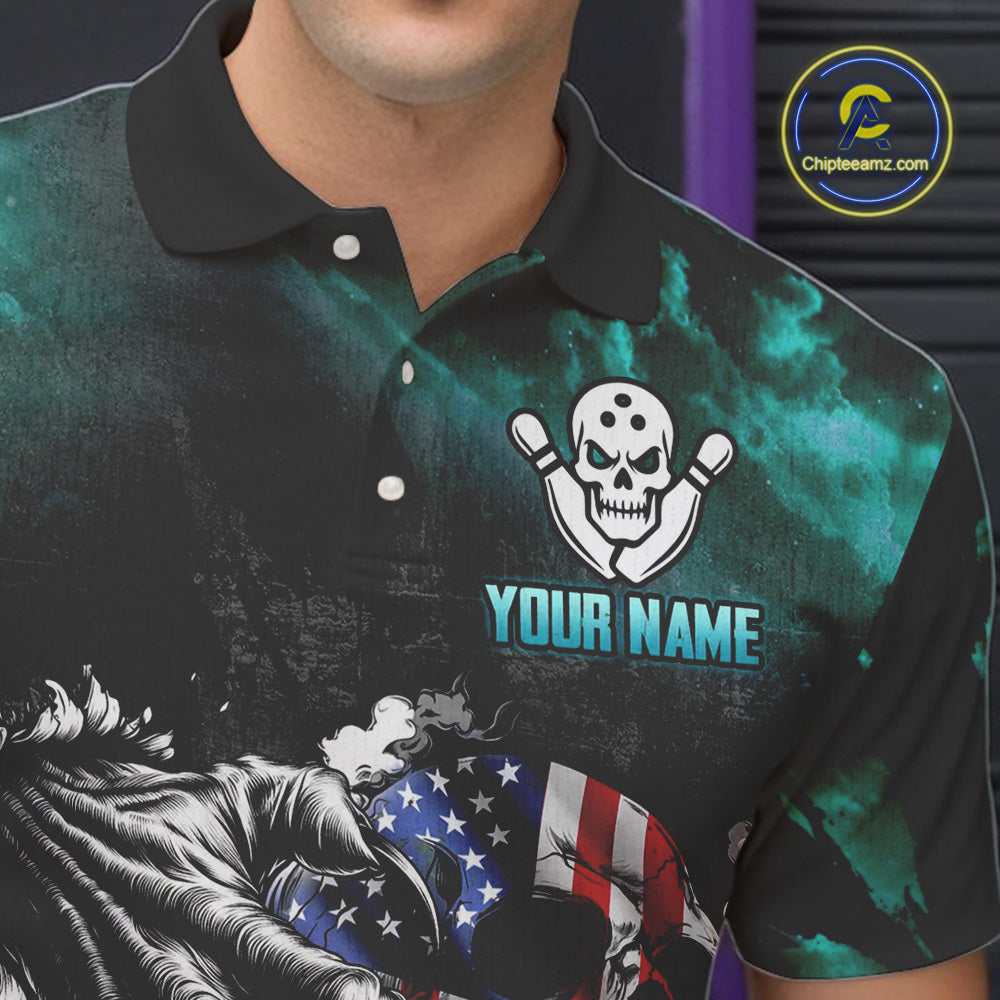 Turquoise Flaming American Flag Skull Bowling Shirt For Men Custom Fire Bowling Team Jersey TDM4693