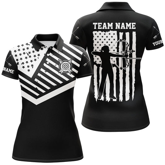 Personalized Black White Us Flag Archery Polo Shirts For Women Custom Archery Shirts For Patriot TDM0652