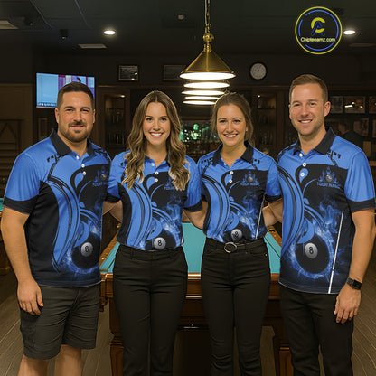 Personalized Blue 8 Ball Fire Flame Billiard Shirt For Women, Pool Team Jersey Polo & 1/4 Zip TDM5974