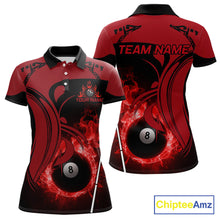 Load image into Gallery viewer, Personalized Red 8 Ball Fire Flame Billiard Shirt For Women, Pool Team Jersey Polo &amp; 1/4 Zip TDM5976